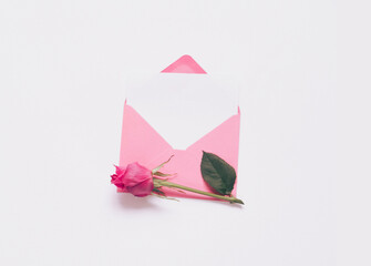 Pink Envelope and rose flower on white background. Festive background concept for Valentine's or Day Mothers Day. Close-up