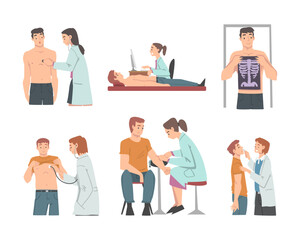 Medical Check-up and Health Screening with Doctor in White Coat Examining Patient Vector Set