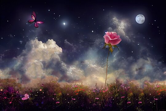 Fairytale fantasy photo background of magical deep dark night sky with shining stars, moon, clouds, beautiful fairy pink rose flower garden and flying butterflies. Generative AI