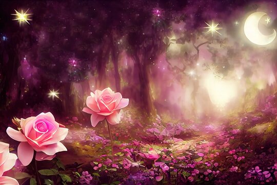 Fantasy Magical Enchanted Fairy Tale Dreamy Elf Forest with Fabulous Fairytale Blooming pink Rose Flower. Generative AI