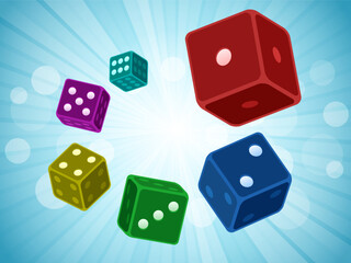 Realistic color dice cubes with numbers from one to six of white dots. Conceptual design - isolated 3d objects of vector gambling games design, casino, craps and poker, tabletop or board games. 