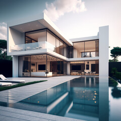 Fototapeta na wymiar Digital art generative AI, Modern house and swimming pin luxurious style.