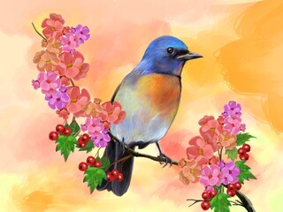 Nature illustration of a bird on a branch complete with leaves, flowers and fruit. digital painting.