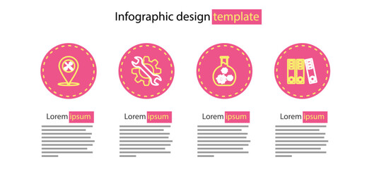 Set line Test tube with virus, Office folders, Wrench and gear and Location service icon. Vector