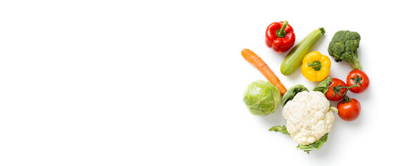 Fresh vegetables on a light background. Top view, flat lay. Banner