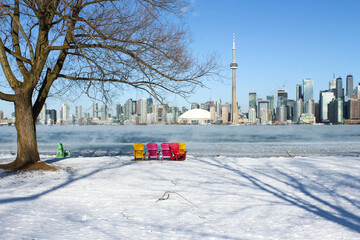 Picturesque city skyline landscape from Toronto Islands in winter in 2023