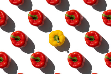 Red fresh paprika pepper on a white background. Top view, flat lay