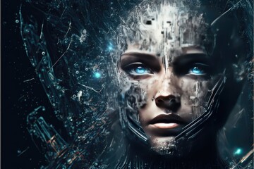 Cyborg woman face. 3d rendering toned image double exposure