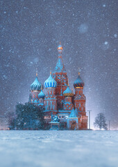 Snowy night on Red Square. St. Basil's Cathedral. Snowfall in Moscow.