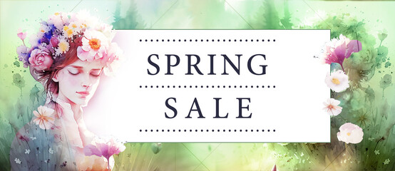 Spring sale template with a beautiful girl and flowers watercolor style AI generated art