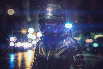 Fototapeta na wymiar Biker in black helmet in the rainy night. Generative AI