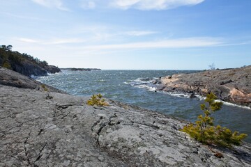Rocky seashore on a sunny day in spring at Porkkala, Kirkkonummi, Finland.