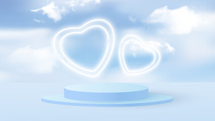 Minimal scene with blue cylindrical podium, hearts and sky. Stage for product demonstration, showcase. Vector