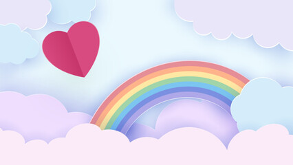 Valentine s day background with a heart flying through the clouds. Romantic paper art in origami style. Rainbow in the clouds. Vector