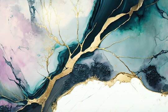 fond sc&eacute;nique d'encre abstraite de couleur pastel. Peinture tr&egrave;s textur&eacute;e avec kintsugi. Id&eacute;al pour le papier peint.