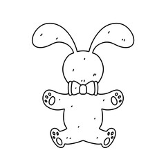 Funny bunny toy in hand drawn doodle style. Vector Illustration Isolated on white background. Coloring page.