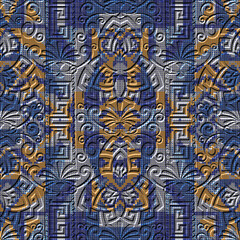 Greek textured emboss 3d seamless pattern. Grunge halftone squares vector background. Repeat relief tribal ethnic backdrop. Embossed floral ornaments with surface flowers, greek key, meanders, border