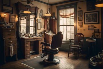 Classic barbershop filled with vintage décor, such as old-fashioned barber chair, traditional barber pole, and antique fixtures. Walls are lined with vintage posters and barbering tools. Generative AI