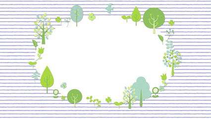 鳥や蝶が飛び回る、木と草花のフレーム 
背景透過無し
背景ストライプ
