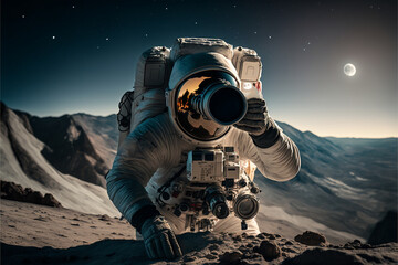 Obraz na płótnie Canvas Astronaut photographer takes a photo of a landscape on the moon, concept of exploration, travel and discovery, uncharted space, ai generated