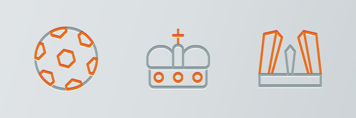 Set line Gate of Europe, Football ball and Crown spain icon. Vector