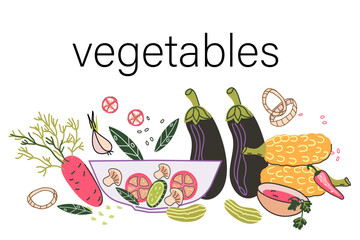 Banner with vegetables for healthy eating, diet concept or grocery shop, hand drawn vector illustration isolated on white background. Vegetables hand drawn image.