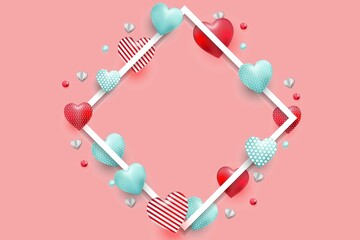 Valentine day holiday background, knitted and paper red hearts for love romantic message,Flat lay composition.