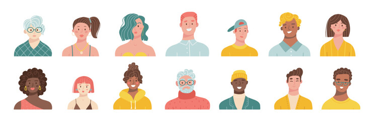 Set of portraits of people of different races and age. Avatars of men and women. Vector flat hand drawn illustration.