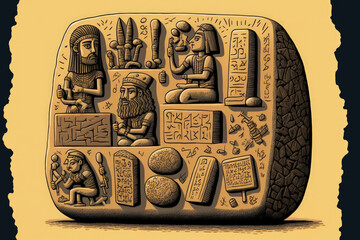 cuneiform writing on ancient sumerian stone carvings. Generative AI - obrazy, fototapety, plakaty