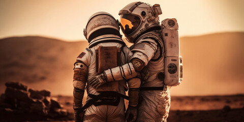 Two astronauts on an alien planet, supporting their sad friend, concept of support and travel, ai generated