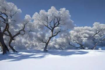 Beautiful winter landscape with snow covered trees in a snowy forest.
