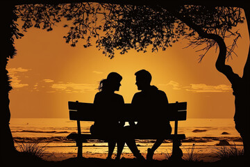 Fototapeta na wymiar Silhouette of a lovers sitting on the bench created with Generative AI technology