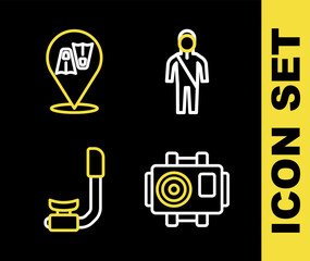 Set line Wetsuit for scuba diving, Photo camera diver, Snorkel and Flippers swimming icon. Vector
