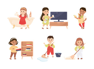 Cute Boy and Girl Doing Housework and Housekeeping Vector Set