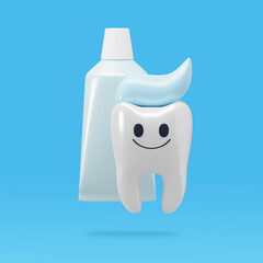 Cute human tooth character with tube of toothpaste on blue background. Dental care concept. 3D rendering.