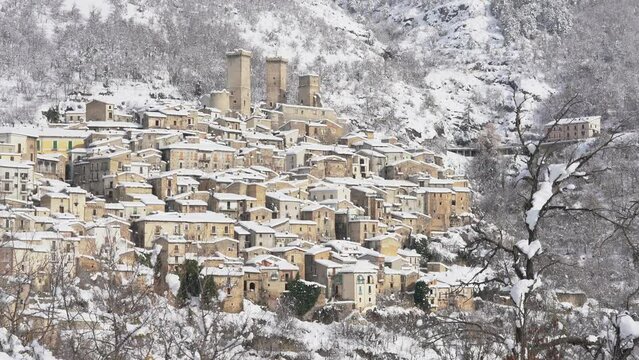 Panoramic view of Pacentro covered in snow during winter season. Abruzzo, Italy.