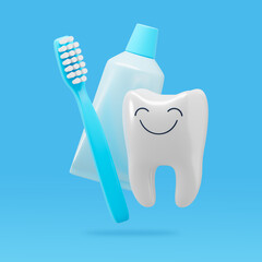 Cute human tooth character with toothbrush and tube of toothpaste on blue background. Dental care concept. 3D rendering.