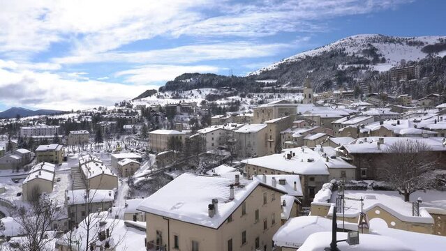 The beautiful village of Pescocostanzo covered in snow during winter time. Abruzzo, central Italy.