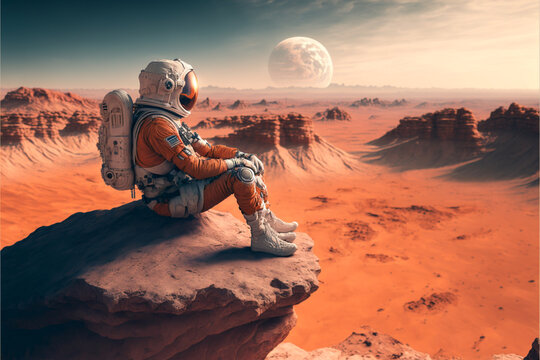 Astronaut sits on the edge of a cliff and admires the amazing landscape of Mars. Concept of travel, achievement of goals and discoveries, ai generated art