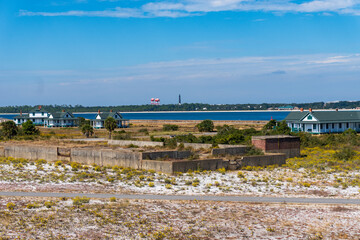 Gulf Islands National Seashore along Gulf of Mexico barrier islands of Florida. Fort Pickens on Santa Rosa Island. Pensacola Lighthouse, Pensacola Bay, Discovery Center, NAS Pensacola water towers.