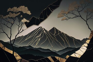 Un paysage de montagne kintsugi minimaliste. Idéal pour le papier peint.