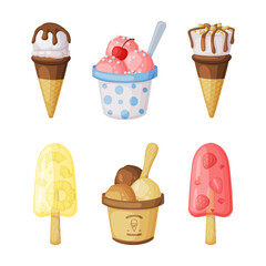 Ice Cream in Waffle Cone and on Stick as Frozen Dessert and Sweet Snack Vector Set