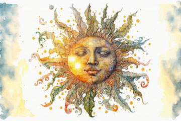 a sun. Be astute. Illustration in watercolor. Hand drawing. Generative AI