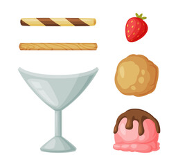 Ice Cream Parts with Chocolate and Strawberry Ball, Glass Cup, Stick and Berry Vector Set