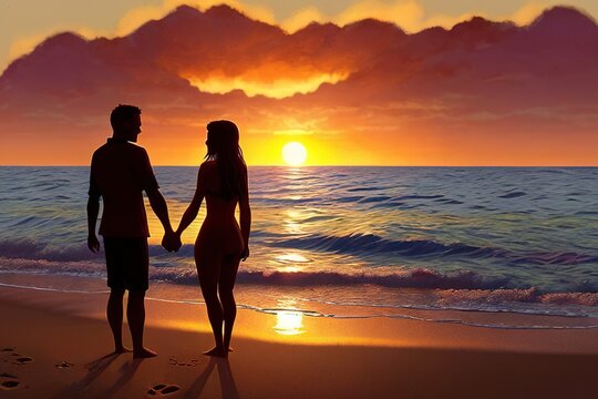 Silhouette of a couple holding hands on the beach, Admiring the sunset romantic moment, Generative AI