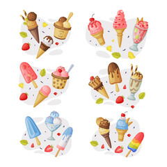 Ice Cream in Waffle Cone and on Stick as Frozen Dessert and Sweet Snack Vector Composition Set