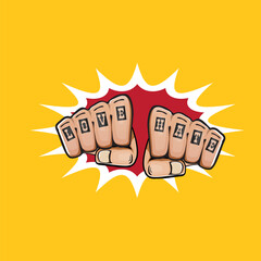 love and hate fists with tattoo isolated on orange background. Fight for love concept illustration with fist punch. love and hate print design template for tee shirt. Valentines day card and banner