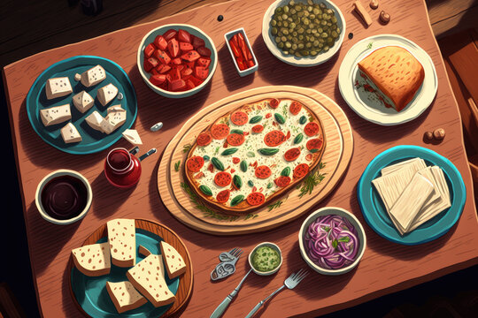 View from above of freshly made, delectable Mediterranean dishes with bread on a wooden table. Generative AI