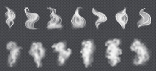 Naklejka na ściany i meble Smoke vector collection, isolated, transparent background. White dust, smoke or fog clouds isolated on transparent background. Realistic wind blow swirls, smoke air or hot steam.