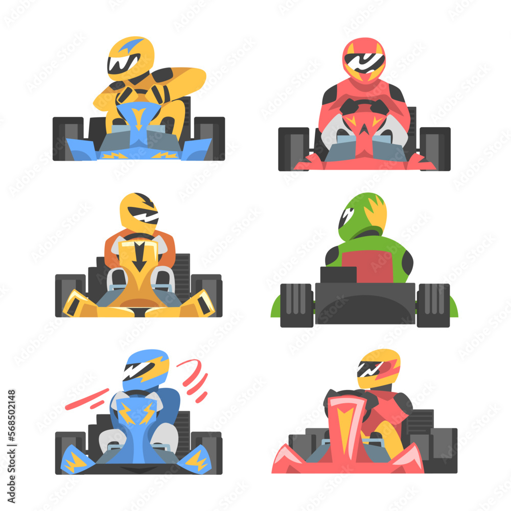 Sticker Kart Racing or Karting with Man Racer in Open Wheel Car Engaged in Motorsport Road Extreme Driving Vector Set